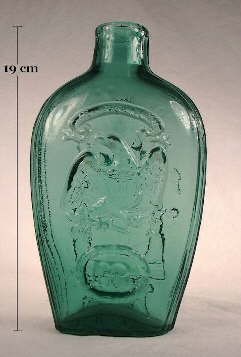 Eagle-Masonic flask in blue green color; click to enlarge.